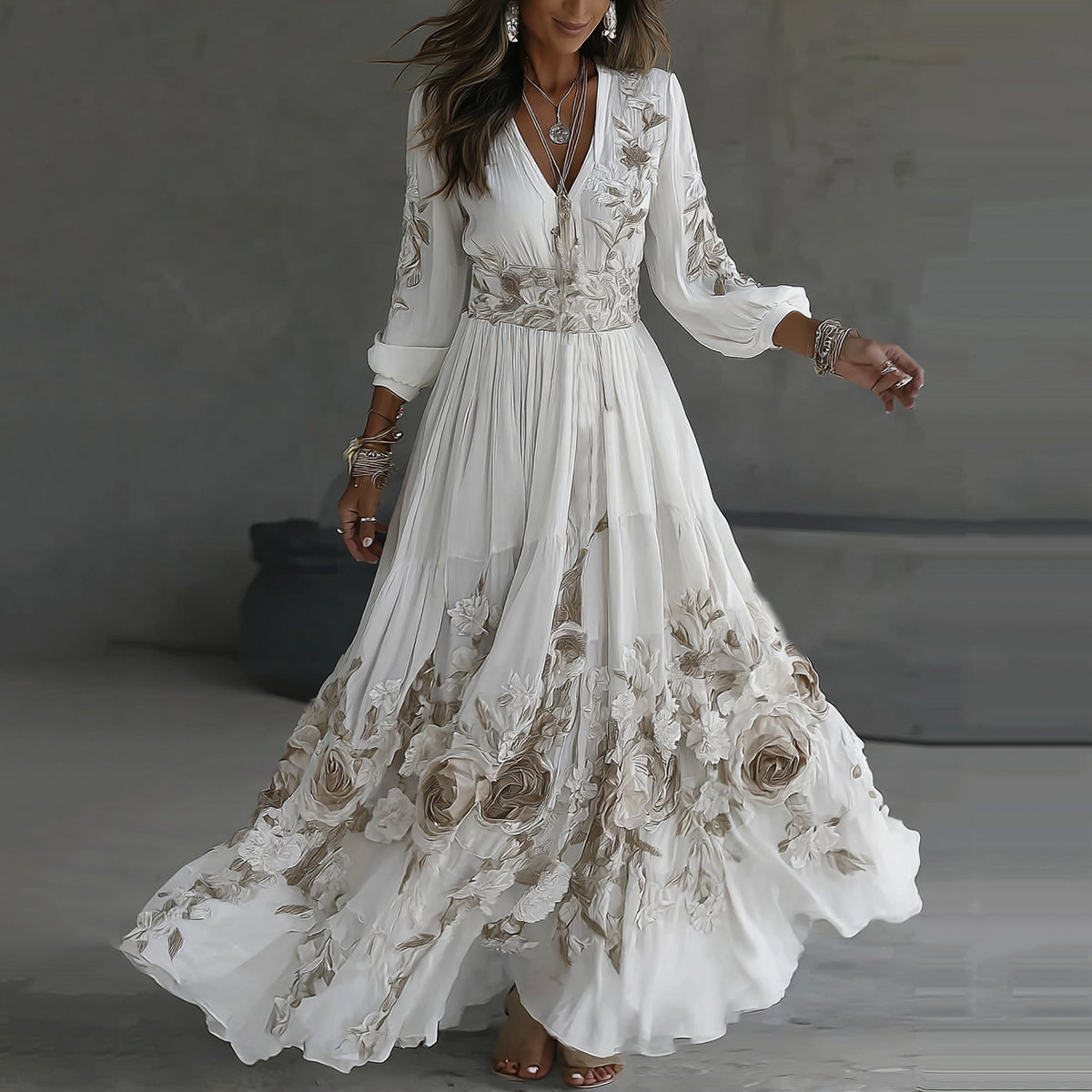 Women's Vintage Floral Embroidery Art V-neck Casual Long Sleeve Maxi Dress elevenforest
