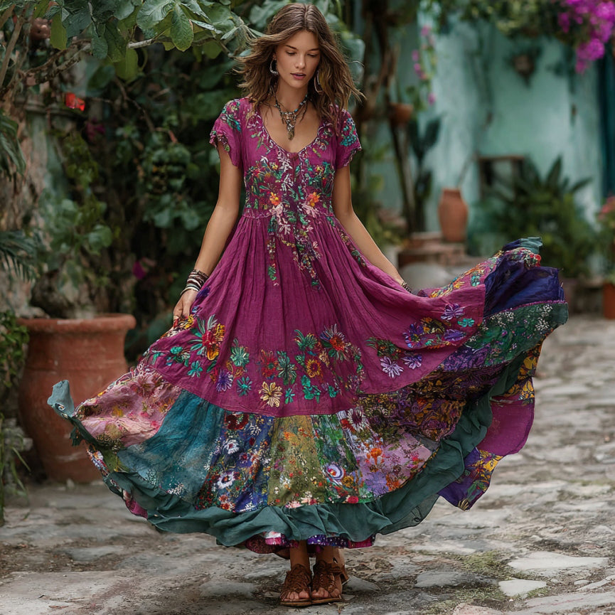 Women's Retro Flower Embroidery Patchwork Art Short Sleeve Maxi Dress elevenforest