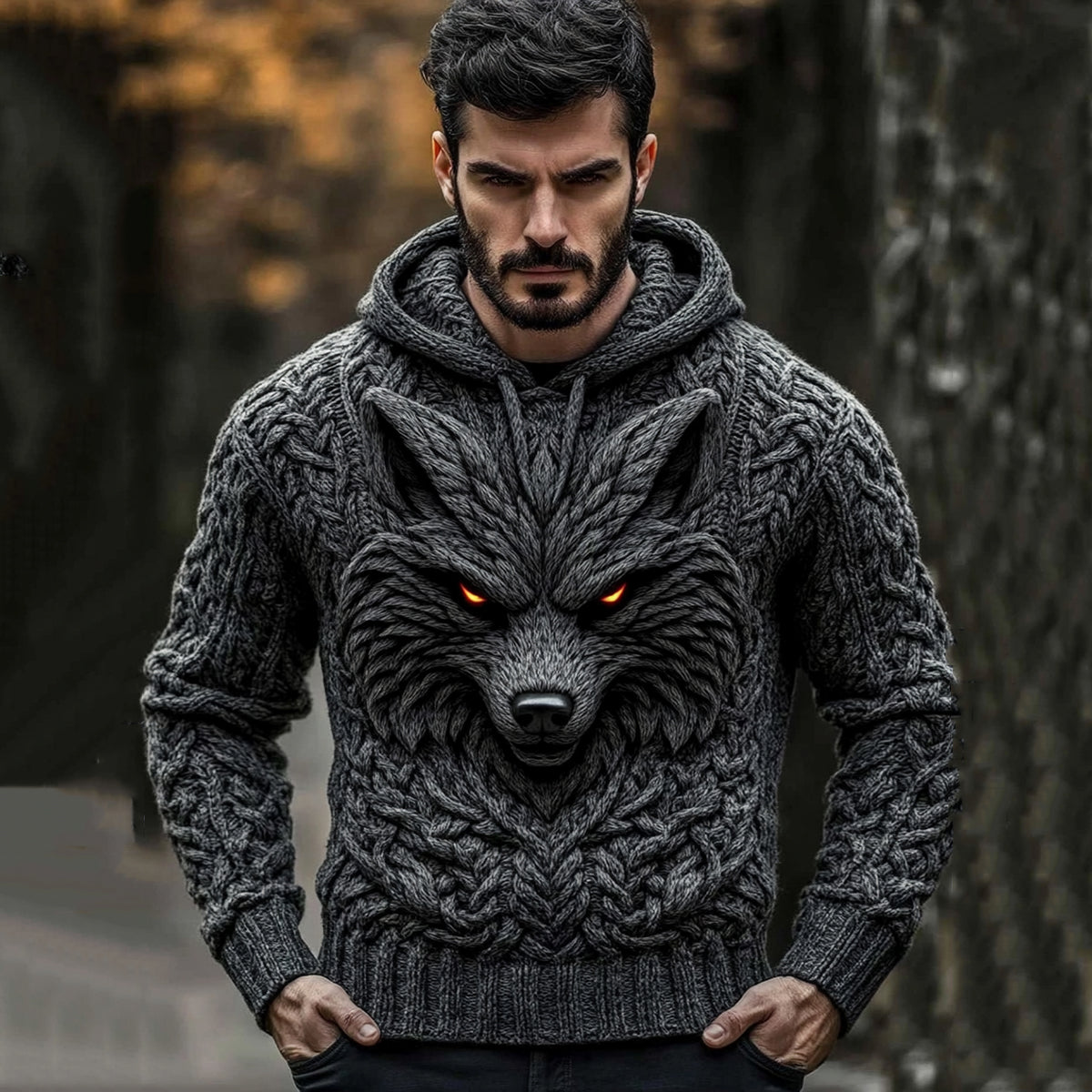 Men's Viking Tribal Wolf Jacquard Celtic Cozy Hooded Sweater elevenforest