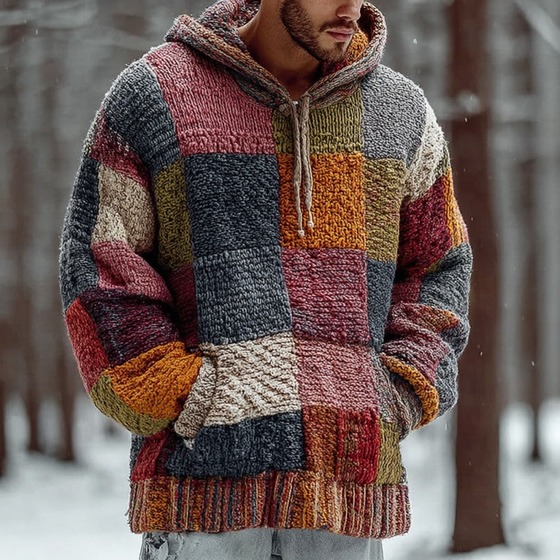 Men's Vintage Geometric Block Knit Knitted Warm Hooded Sweater artswardrobe