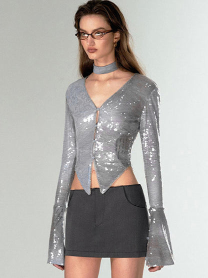 Taruxy Shining Silver Shirts for V Neck Flare Sleeve Tshirt Femme Party Clubwear Cardigan Woman Clothing New