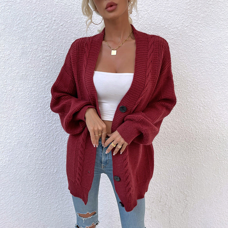 Autumn Winter Knitted Cardigan Twist Mid Length Button Sweater Coat for