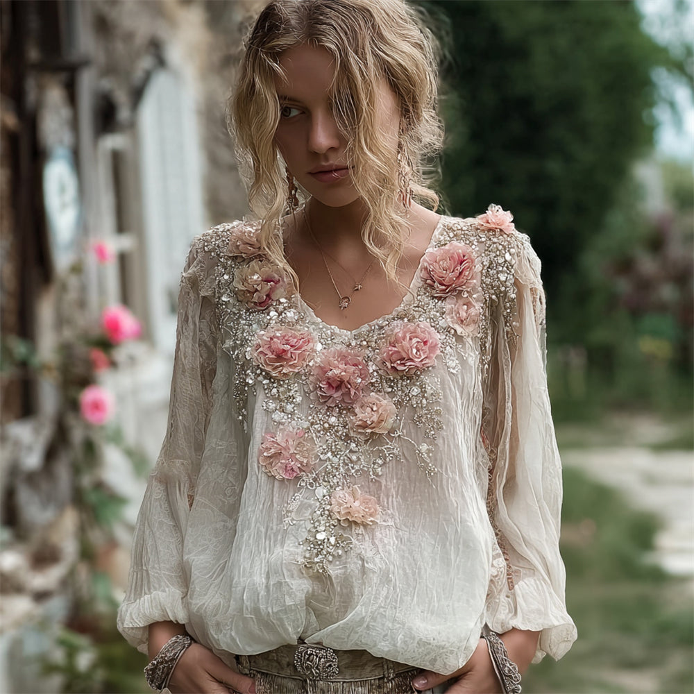 Boho Gauze Floral Sequin Embroidered Women's Flowing Long Sleeve Shirt elevenforest