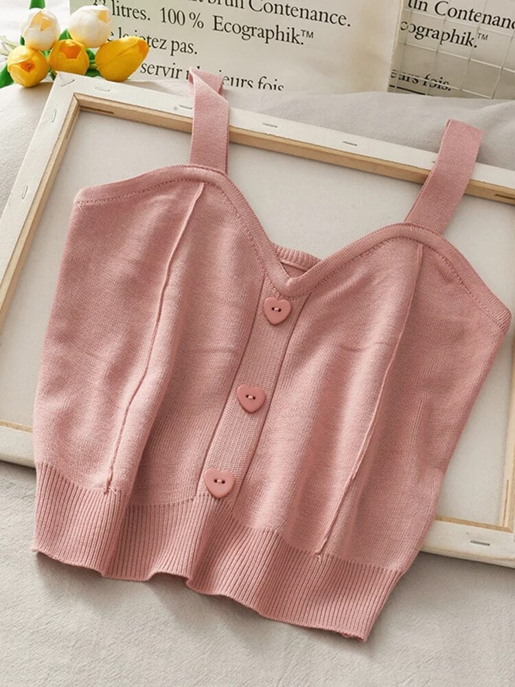 Crop Top Sweater Tank Top Button Up V Neck Sleeveless Knit Top Beach Vest Female Camisole Cotton Tank