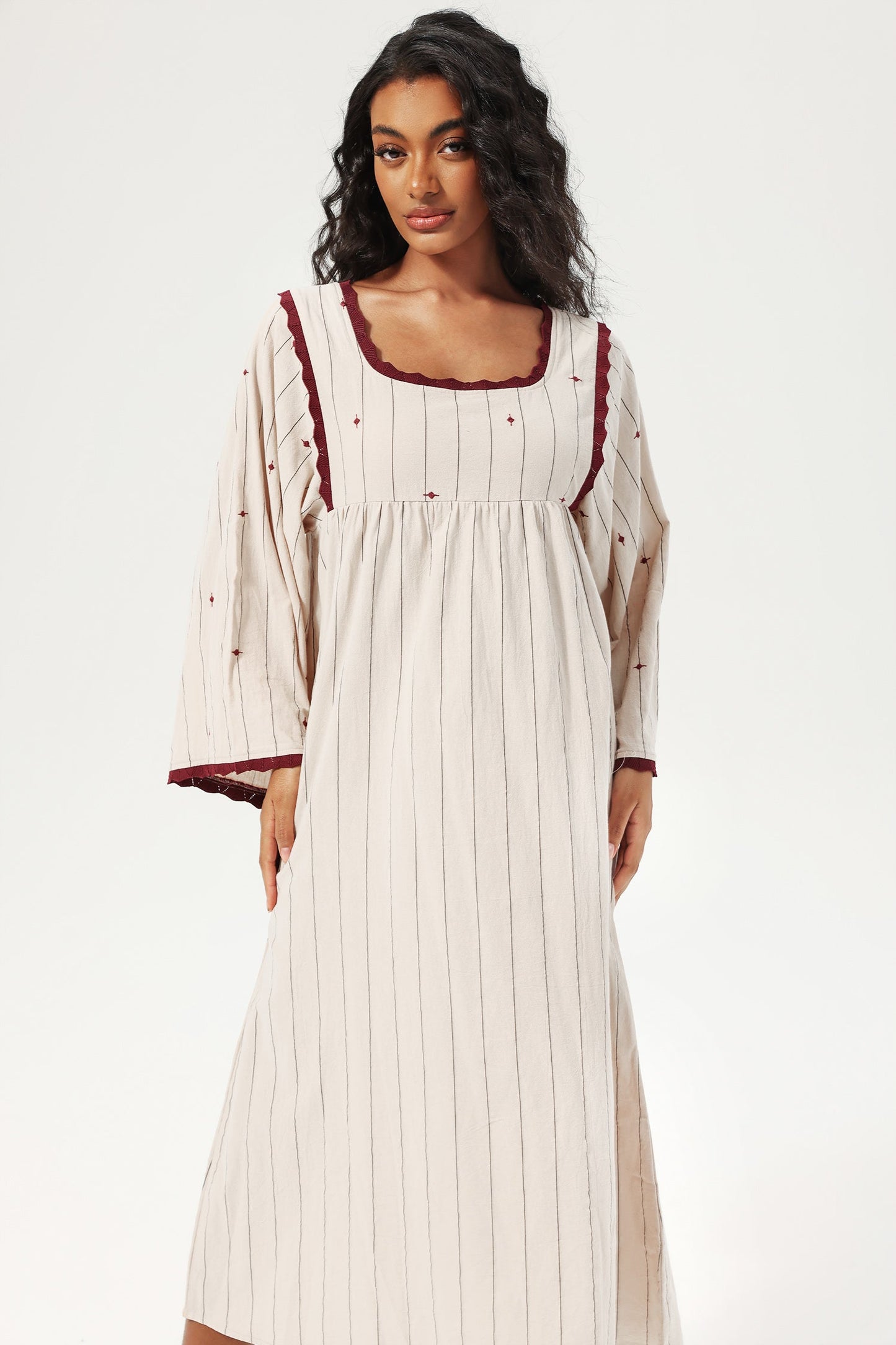 Striped Flared Sleeve Square Collar Knit Midi Dress