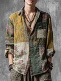 Western Style Bohemian Plant Flower Pattern Color Block Patchwork Retro Cotton And Linen Men's Shirt elevenforest