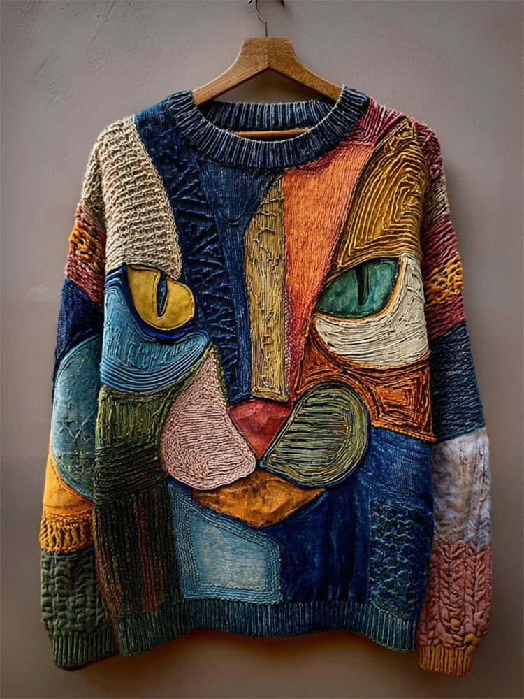 Vintage Cat Face Colorblock Patchwork Cozy Knit Sweater