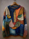 Vintage Cat Face Colorblock Patchwork Cozy Knit Sweater elevenforest