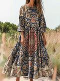 Women's Retro Ethnic Totem Print Flowy Cotton Crew Neck Dress