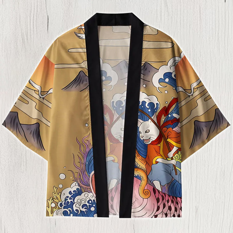 Japanese Cat Fishing Art Kimono Cardigan elevenforest