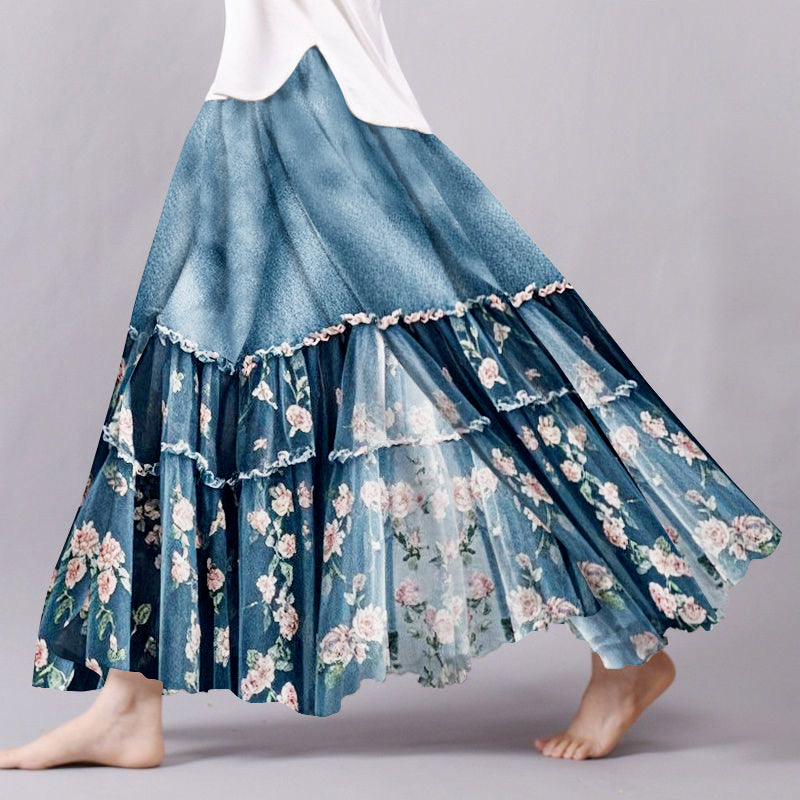Vintage Floral Gradient Patchwork Art Flowy Wide Skirt elevenforest