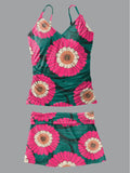 Women's Summer Floral Print Suspender Shirred Swimsuit Set