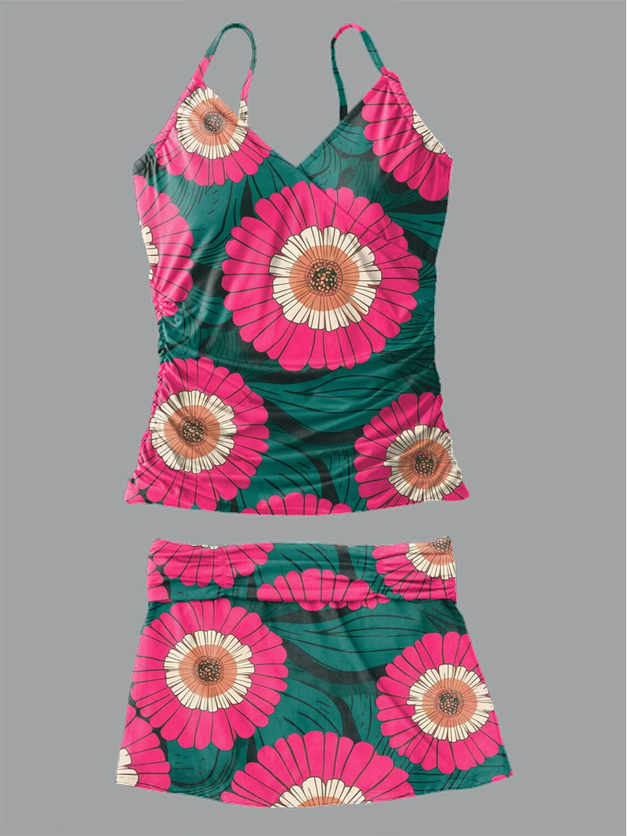 Women's Summer Floral Print Suspender Shirred Swimsuit Set