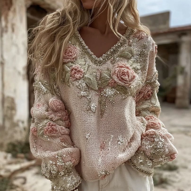 Women's Vintage Pink Rose Art V-neck Cozy Knit Pullover Sweater elevenforest