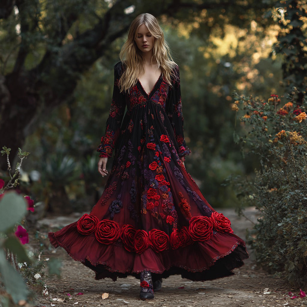 Women's Retro Red Rose Embroidery Casual Long Sleeve Dress elevenforest