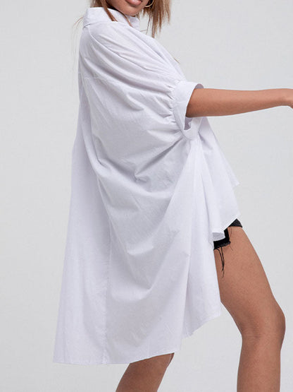 Batwing Sleeves High-low Color Lapel Blouses&shirts Tops