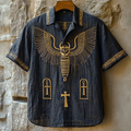 Egyptian Stone Winged Scarab Embroidered Men's Linen Polo Shirt elevenforest