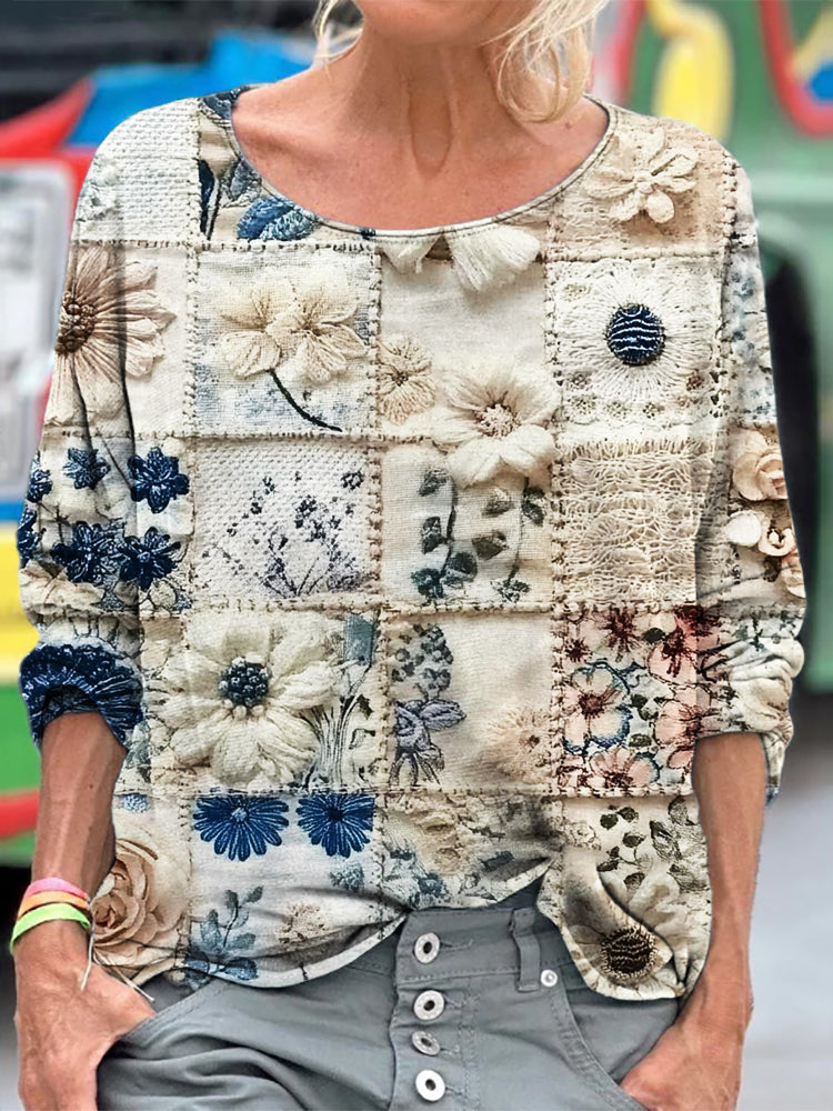 Comstylish Boho Floral Embroidered Fiber Art T Shirt