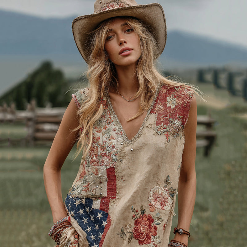 Western Cowboy Style American Flag Floral Patchwork Vintage Linen V Neck Tank Top In The Countryside elevenforest
