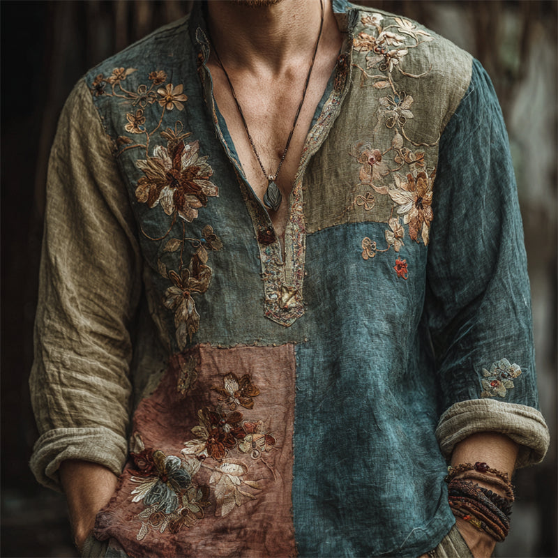 Men's Vintage Boho Floral Embroidered Colorblock Patchwork Linen Shirt elevenforest