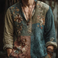 Men's Vintage Boho Floral Embroidered Colorblock Patchwork Linen Shirt elevenforest