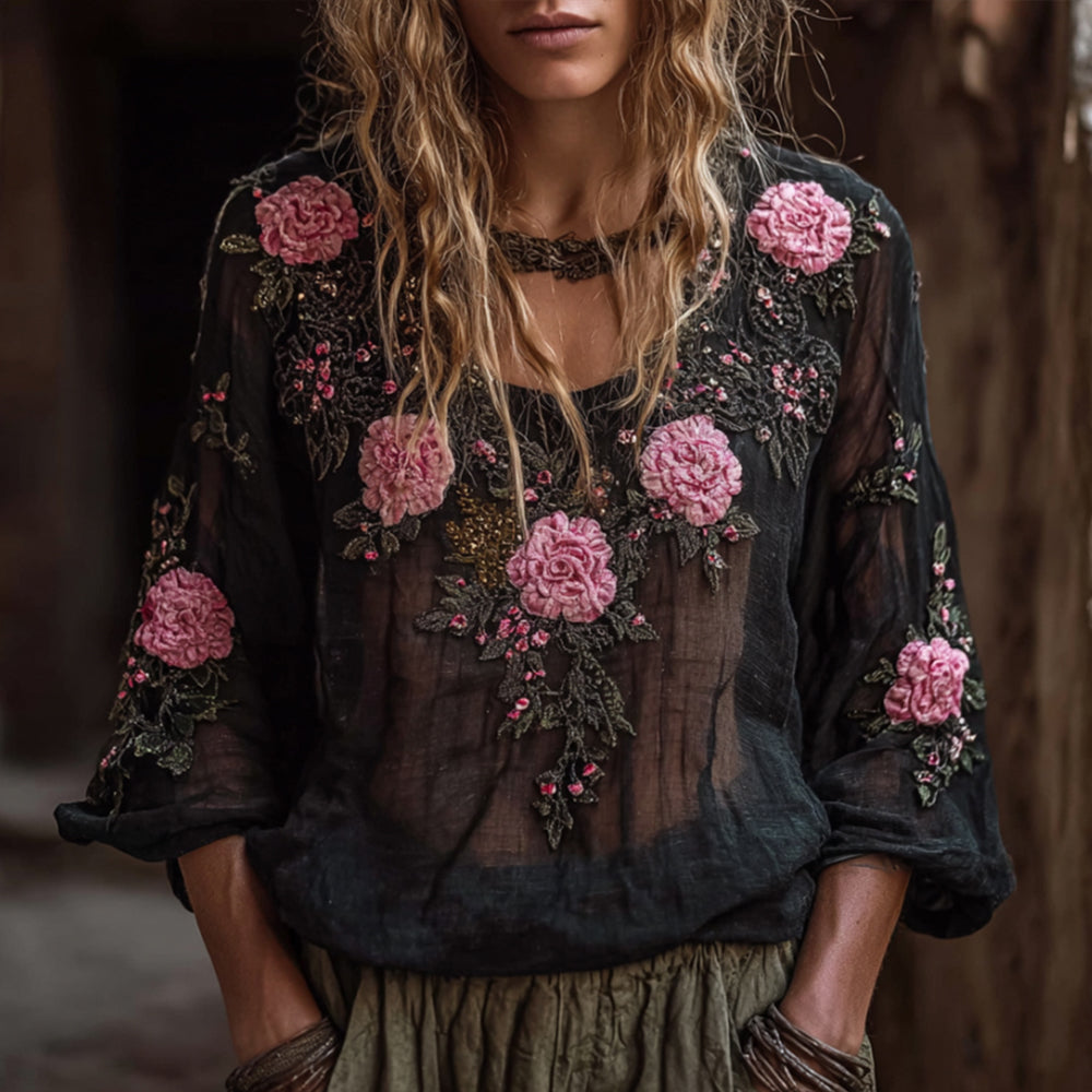 Bohemian Classic Romantic Embroidered Rose Long-sleeved Top elevenforest