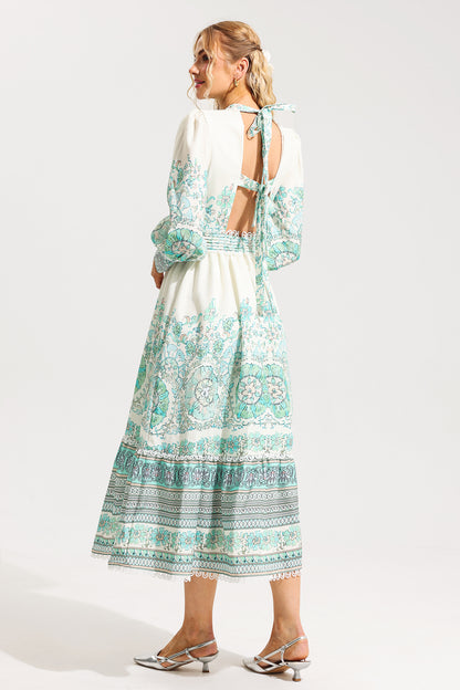 Lantern Sleeve Pleated Midi Dress