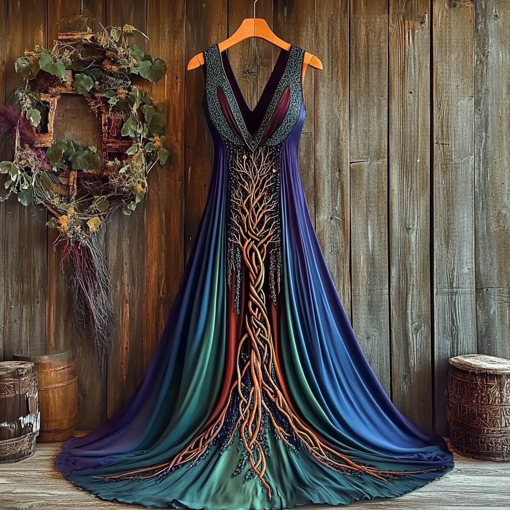 Women's Vintage Viking Color Tree Of Life Art Sleeveless Dress elevenforest