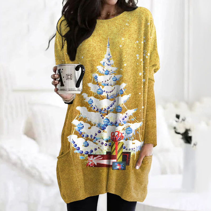 Comstylish Vintage Gold Christmas Tree Printed Women's Maxi Dress