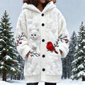 Comstylish Christmas Cat & Bird Women's Hooded Flannel Cardigan