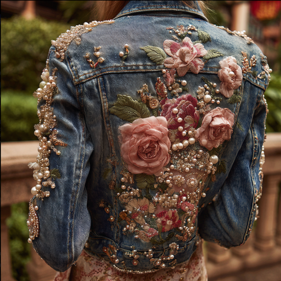 Bohemian Style Rose Embroidery Women's Retro Casual Denim Jacket elevenforest