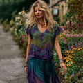 Women's Vintage Purple Flower Embroidery Art Linen T-shirt elevenforest