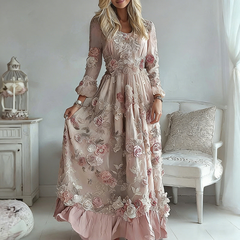 Women's Rose Embroidered Comfortable Linen Maxi Dress elevenforest