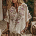 Women's Floral Embroidery Art V Neck Comfy Shirt elevenforest
