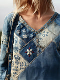 Vintage Floral Japanese Sashiko Embroidered Patchwork Linen Tunic elevenforest