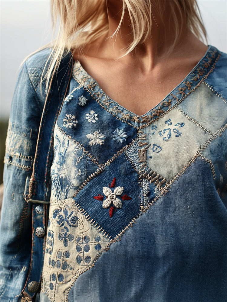 Vintage Floral Japanese Sashiko Embroidered Patchwork Linen Tunic elevenforest