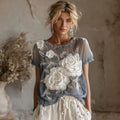 Women's Retro White Rose Embroidered Casual T-shirt elevenforest