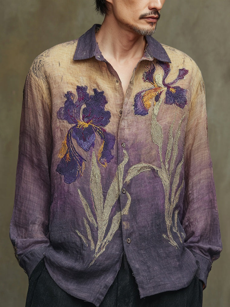 Men's Vintage Irises Embroidered Gradient Linen Shirt elevenforest