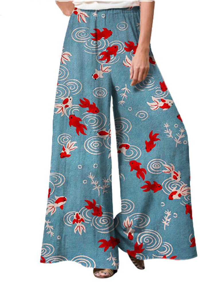 Japanese Gold Fish Art Graphic Wide Leg Casual Pants elevenforest