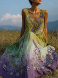 Vintage Purple Flowers Embroidered Gradient Linen Maxi Dress elevenforest