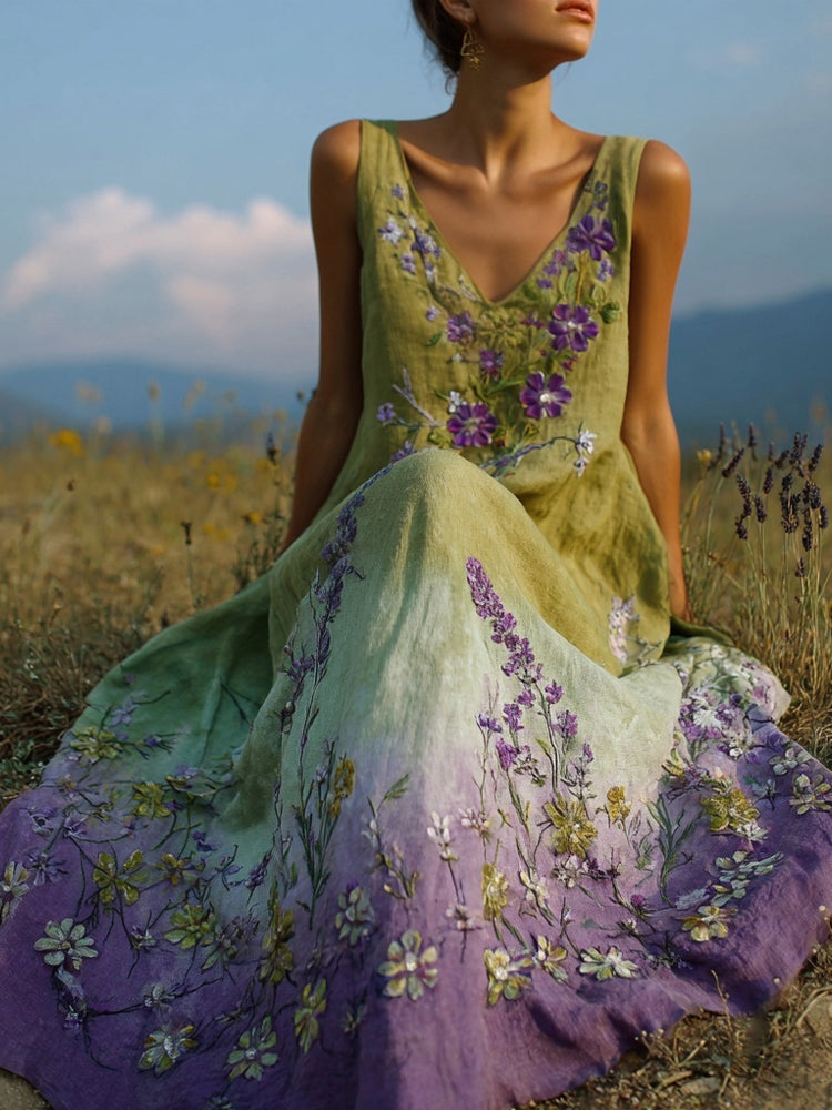 Vintage Purple Flowers Embroidered Gradient Linen Maxi Dress elevenforest