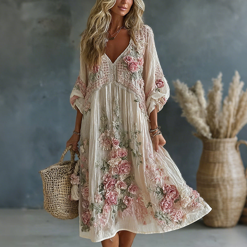 Women's Vintage Retro Floral Art Flowy Linen Blend Casual Long Sleeve Maxi Dress elevenforest
