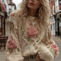 Women's Vintage Rose Floral Chunky Knit Warm Crew Neck Sweater elevenforest