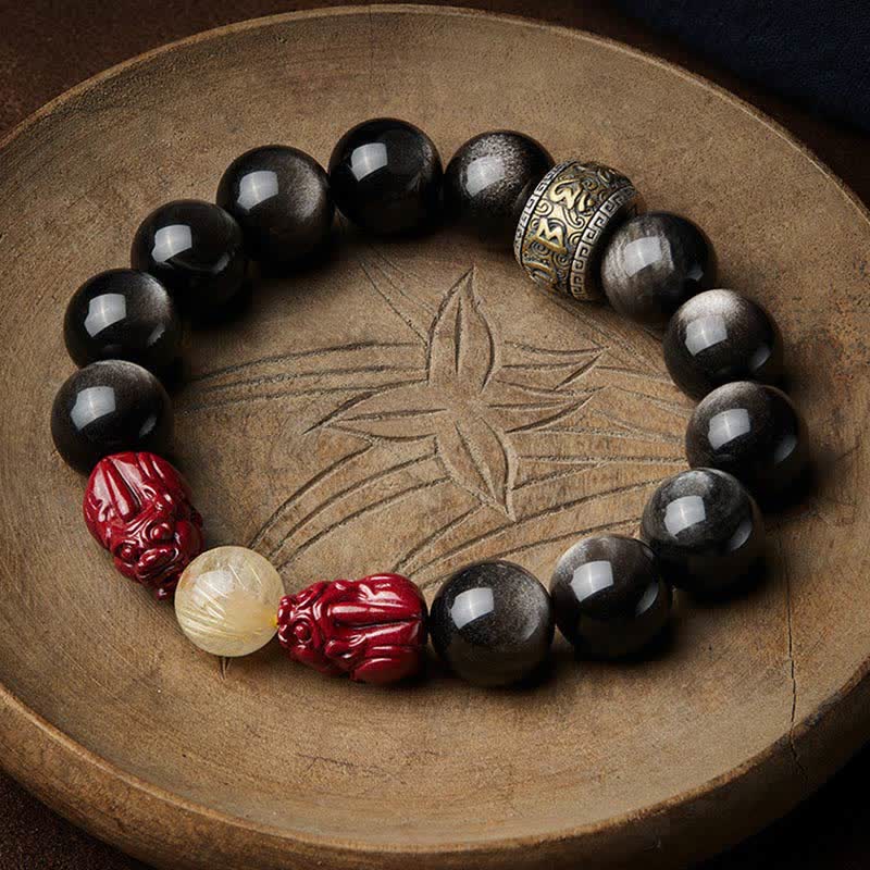 Buddha Stones Gold Sheen Obsidian Pixiu Cinnabar Om Mani Padme Hum Protection Bracelet