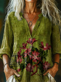 Women's Vintage Floral Art Pattern Print Casual Cotton Linen Shirt
