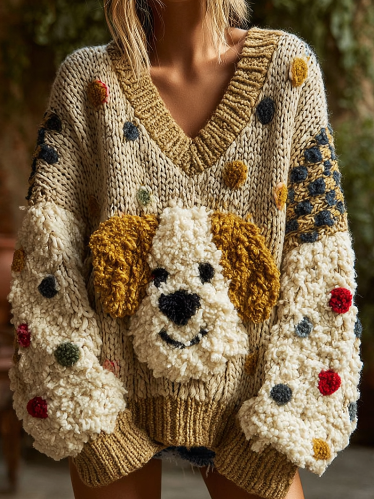 Comstylish Lady Retro Cute Dog Plush Comfortable Knitted Sweater.