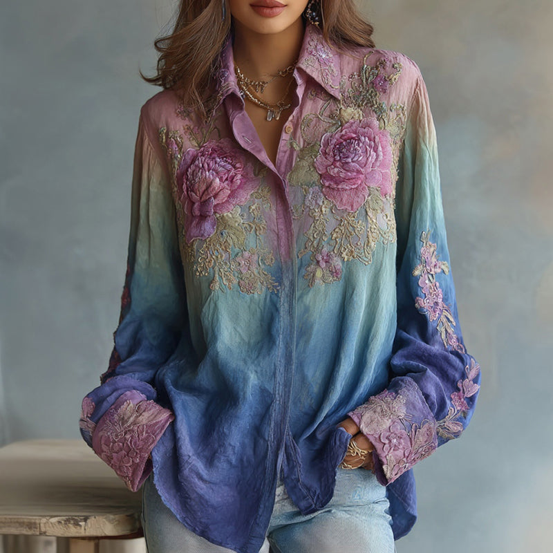 Women's Bohemian Floral Pattern Linen Shirt elevenforest