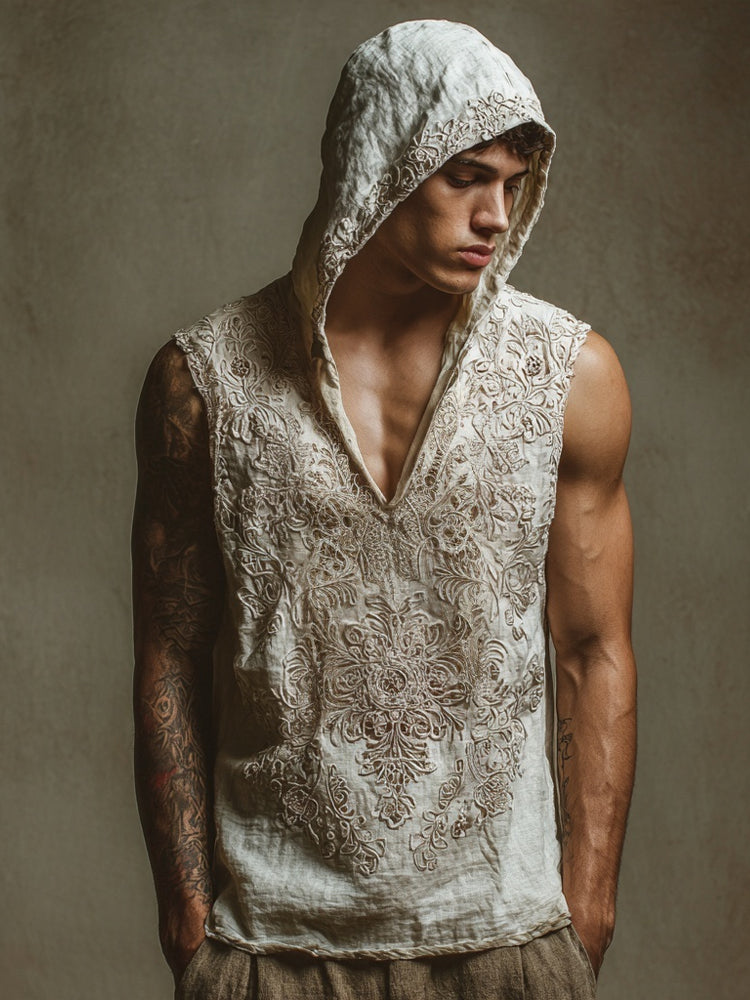 Men's Floral Lace Embroidered Hooded Linen Tank elevenforest