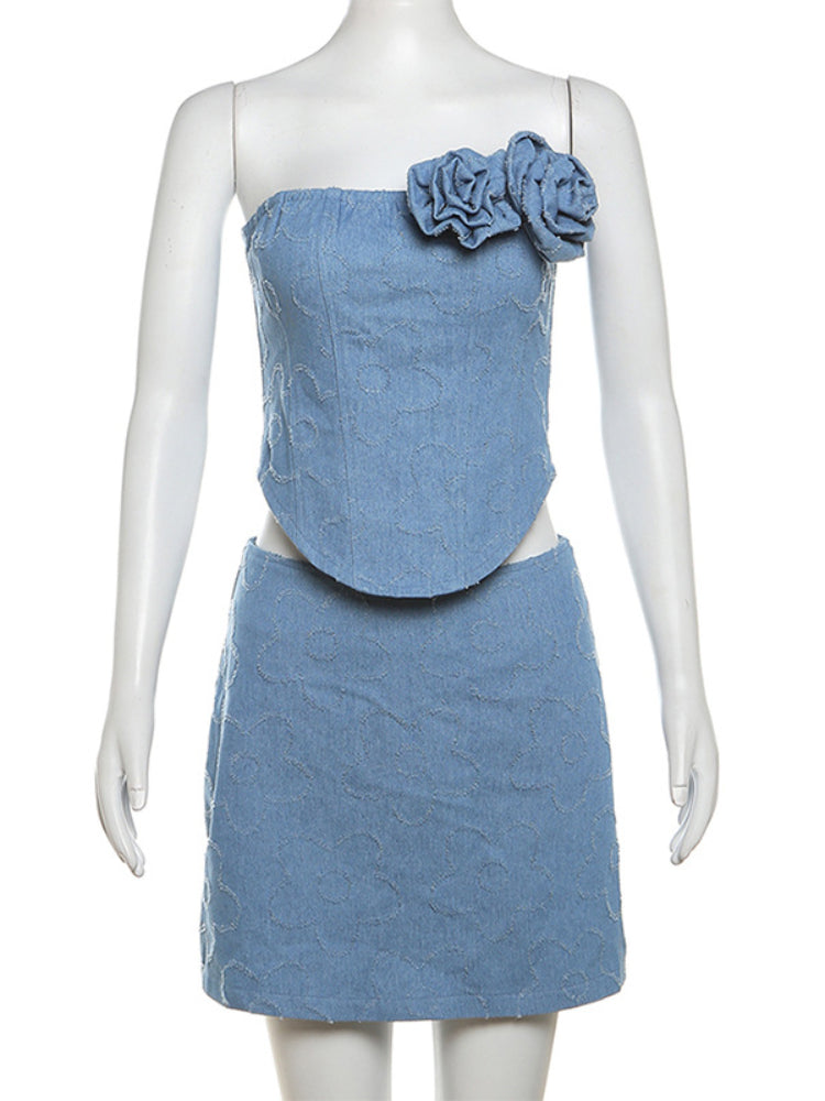 Taruxy Denim Dress Sets Off Shoulder Slim Crop Tops Splice Flower Femme Backless Tank Top Skirt 2 Piece Suits