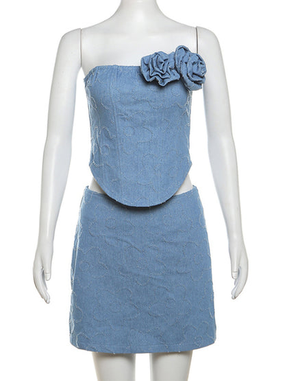 Taruxy Denim Dress Sets Off Shoulder Slim Crop Tops Splice Flower Femme Backless Tank Top Skirt 2 Piece Suits